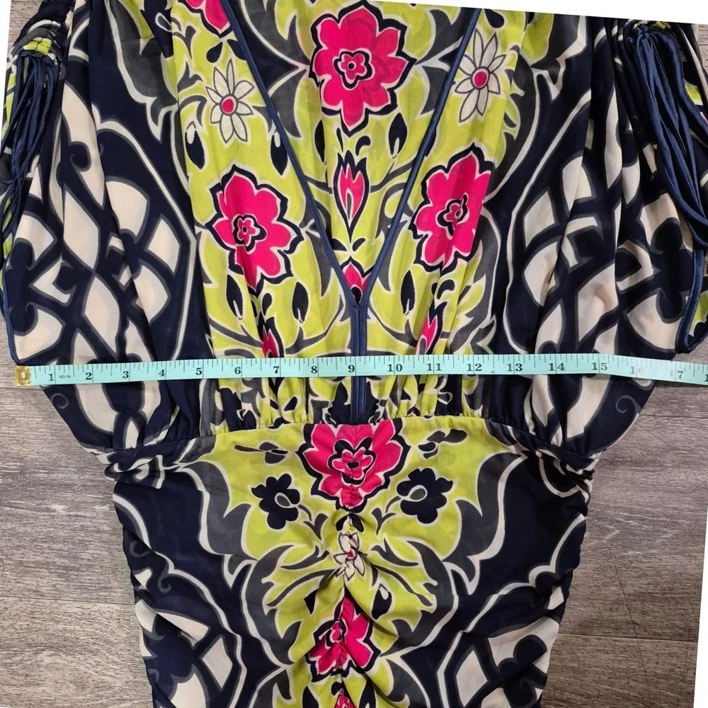 Hale Bob Floral Mesh Ruched V-Neck Dress Navy Pink Lime Womens Small